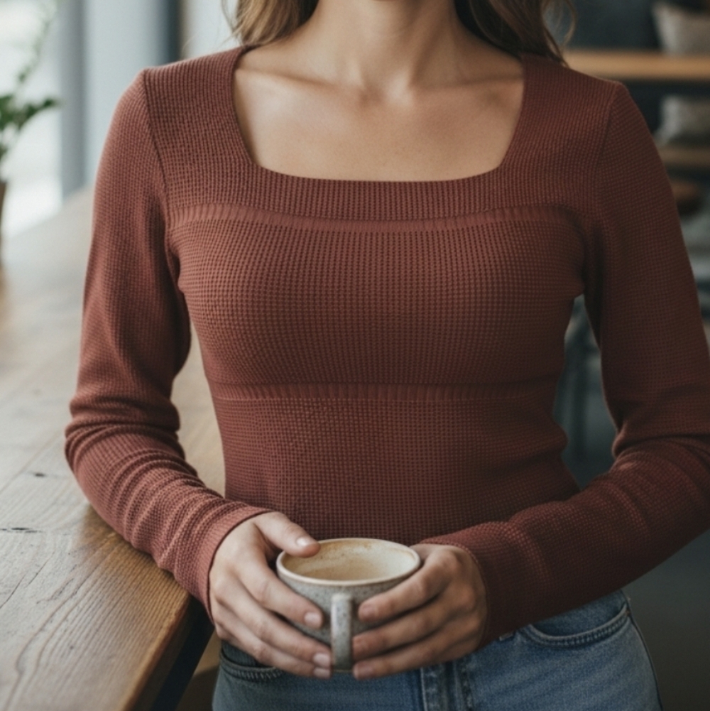 Rust Long Sleeve Square Neck Top